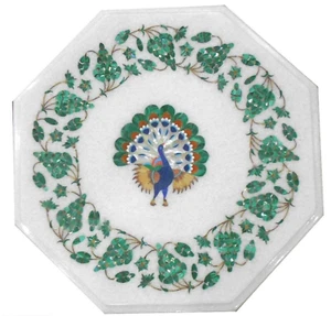Mesa de mármol blanco de 15" hecha a mano con incrustaciones de pavo real de piedra de malaquita artes - Imagen 1 de 9