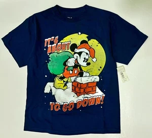 Disney Child Sz M Mickey Santa & Chimney ‘It’s About to go Down’ Cotton Tee - Picture 1 of 2