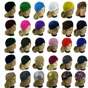 12 Women Stretchy Turban Head Wrap Band Chemo Bandana Hijab Pleated Indian Cap - Picture 1 of 12