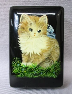 Hand-painted & Signed Russian Lacquer Box – Fluffy Kitten w/ Blue Bow  Cat - Picture 1 of 7