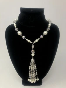Vintage Faux Pearl and Crystal Tassel Lariat Necklace with Silver-Tone Accents - Picture 1 of 13