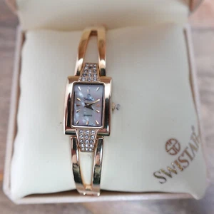 Vtg Swistar Watch 23K Electroplated Gold Crystal Gems 17mm Rectangle - Picture 1 of 12