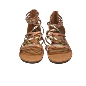 Girls Little Kid Strappy Flat Sandals - Tan and Iridescent Size 3 - Picture 1 of 9