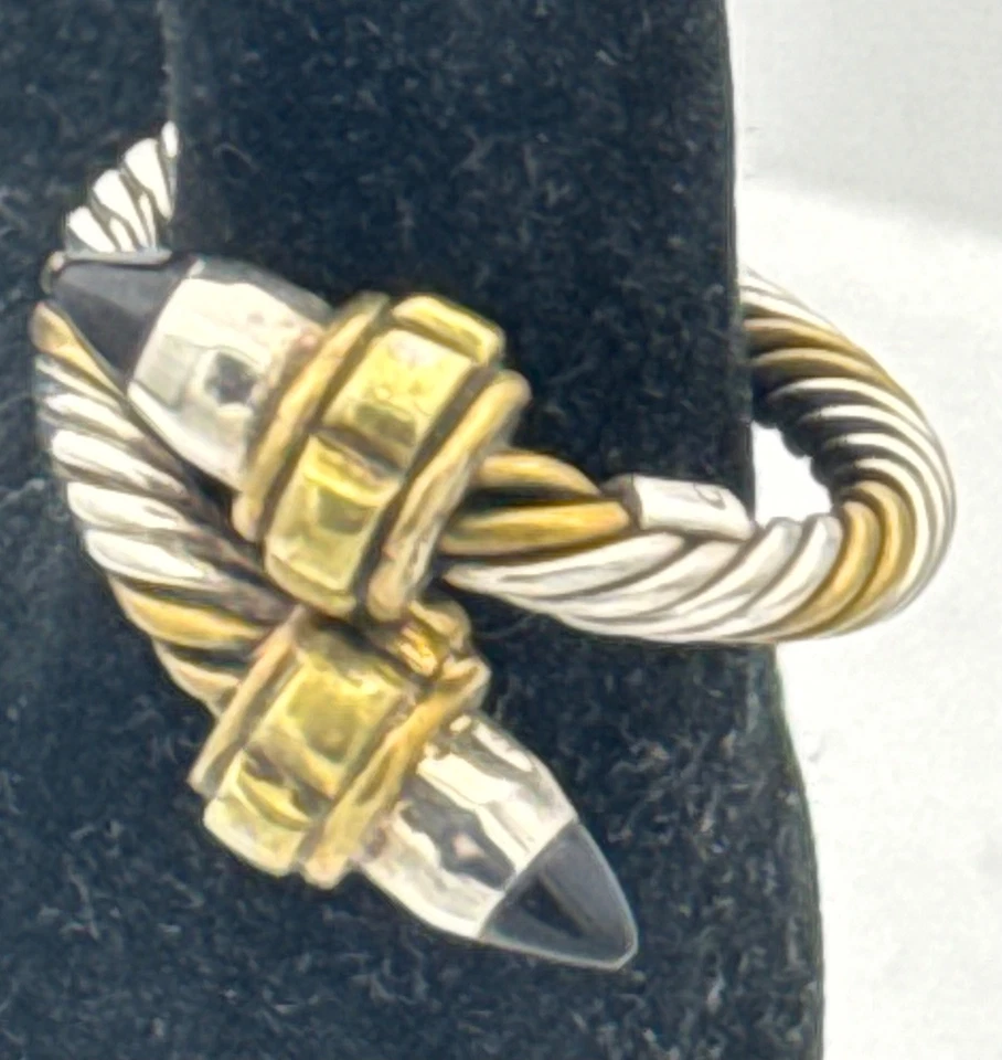 UNIQUE RING TANE Tiffany Mexico Sterling Silver Obsidian Brass Cable Cross Over - Image 1 of 4