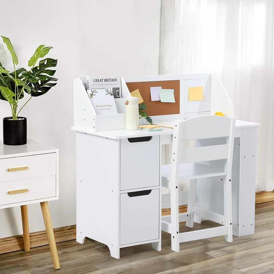 Juego de escritorio y silla de estudio para niños mesa de aprendizaje con estantería y tablón de anuncios Foto 1 de 4