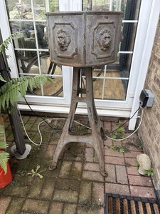 Antique Victorian Cast Iron Lion Head Planter, Large Heavy , On Cast Iron Stand - Picture 1 of 21