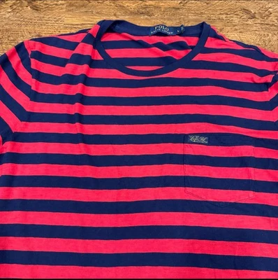 Мужская футболка Polo Ralph Lauren Цвет красный Синий Полосатый карман Повседневный Длинный рукав Размер Large - Изображение 1 из 4