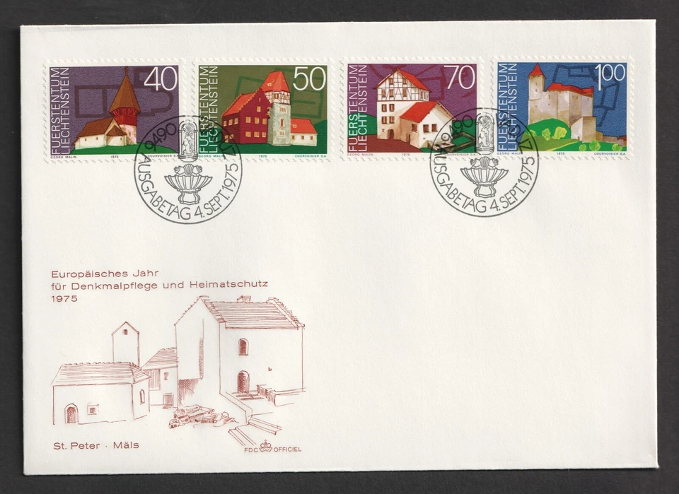 1975 Liechtenstein Architecture Year FDC. Vaduz First Day Cover — 第 1/1 张图片