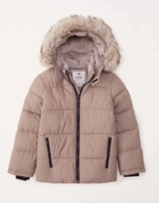 Chaqueta Abercrombie Kids A&F Ultra Puffer Niños 11/12 Taupe Capucha Piel Sintética Borde W Foto 1 de 2
