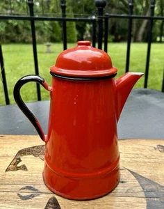 Vintage Orange-Red Enamelware Coffee Pot Poland Red Metal Farmhouse Decor Server - Picture 1 of 8
