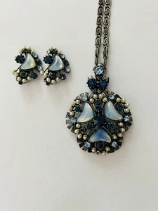 VTG Signed FLORENZA Necklace & Earrings BLUE RHINESTONE faux Pearl Moonstone HTF - Picture 1 of 18