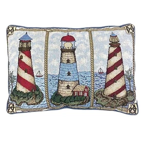 Vintage Tapestry Lighthouse Throw Pillow Beach House Boat Nautical Decor - Picture 1 of 5