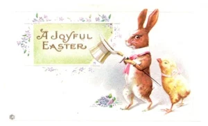 A JOYFUL EASTER.A BUNNY & CHICK.VTG EMBOSSED POSTCARD*C5 - Picture 1 of 2