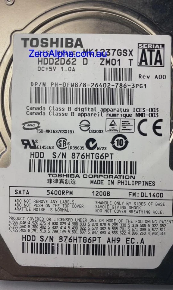 MK1237GSX Toshiba Donor Hard Drive, HDD2D62, DL140D - Image 1 of 1