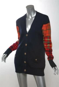 Cárdigan tejido cachemir azul marino Chanel a cuadros manga larga suéter US8 FR40 - Imagen 1 de 4