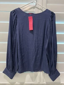 Lilly Pulitzer Maisel Blouse Top Balloon Sleeves True Navy Sz Small Polyester LS - Picture 1 of 13