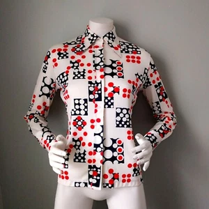 Vtg 1970s Joyce Polka Dot Domino Print Nylon Disco Shirt S red white blue july 4 - Picture 1 of 6