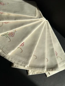 Vintage Linen Cotton Dinner NAPKINS Set of 8 Embroidered Corner Pink Floral Ecru - Picture 1 of 15