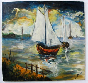 Harbour / Coastal Oil Painting on Board / Masonite Signed J. Thony 15" x 16" - Bild 1 von 3