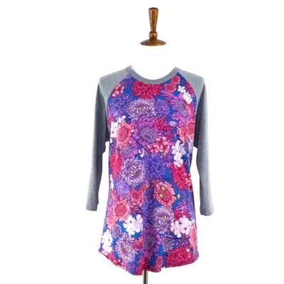 Women's LuLaRoe Grey Purple Pink Print Baseball Sleeve Tee, Large sz L - Image 1 of 4