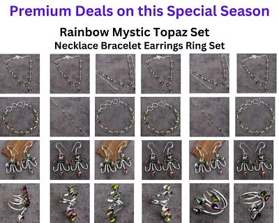 Rainbow Mystic Topaz Faceted Necklace Bracelet Ring Earrings Set Jewelry - Image 1 of 4