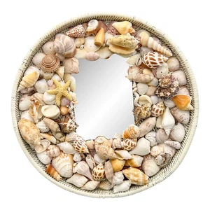 Vintage Seashell Encrusted and White Wicker Mirror - Picture 1 of 8