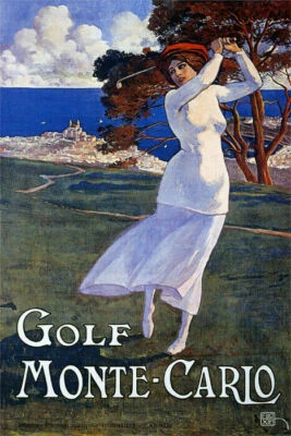 GIRL WOMAN PLAYING GOLF MONTE CARLO OCEAN VIEW SPORT TRAVEL VINTAGE POSTER REPRO - Image 1 of 3