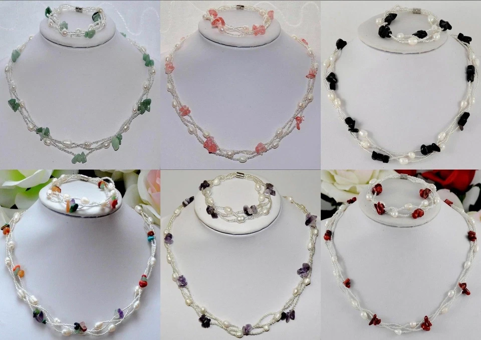 1 Ketten Set aus echte Süßwasserperlen-Edelstein-Kette & Armband 45 & 20 cm lang - Bild 1 von 1