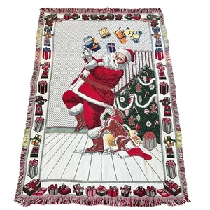 VTG Santa Delivering Gifts Christmas Dog Tapestry Throw Blanket Fringe Holiday - Picture 1 of 11