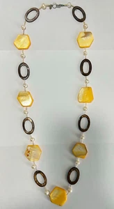 Premier Designs Necklace & Earrings Brown Ovals, Yellow Shell, Pearls (A52Q) - Picture 1 of 7
