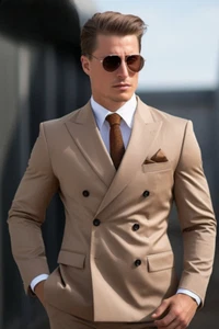 Traje marrón claro de 2 piezas para hombre - Blazer elegante de uso formal de doble botonadura - Imagen 1 de 8