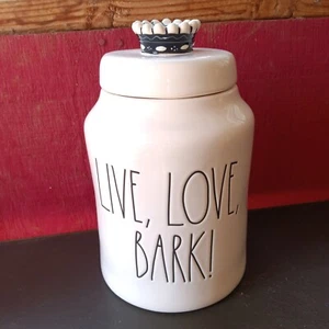 Tarro de galletas Rae Dunn para perros blanco negro corona perilla LIVE LOVE BARK - Imagen 1 de 18