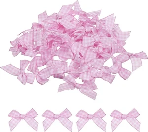 100Pcs Mini Gingham Ribbon Bow 1.5" Checkered Ribbon Bows Pink and White - Picture 1 of 6
