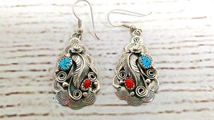 Pendientes JJ Jerry Johnson Navajo Turquesa Coral Plata de Ley .925 - Imagen 1 de 5