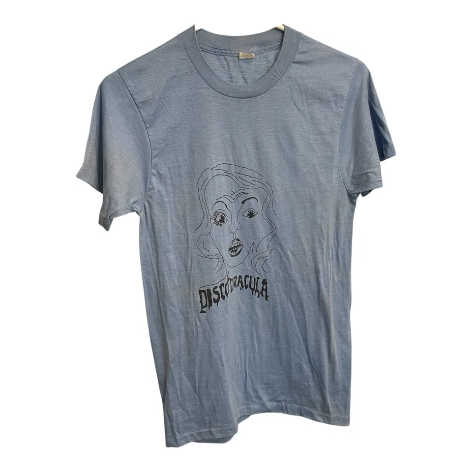 罕见复古 20 世纪 70 年代迪斯科德古拉 T 恤中号婴儿蓝色 — 第 1/4 张图片