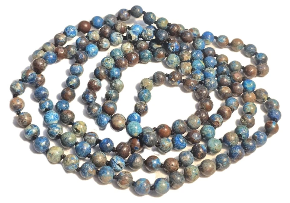 542ct Strand of Natural gem Blue Calsilica Jasper 8mm Bead Necklace 62" - Image 1 of 4