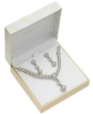 Juego de pendientes colgantes y collar Charter Club, piedra circonita cúbica y perla gris tono plata Foto 1 de 3