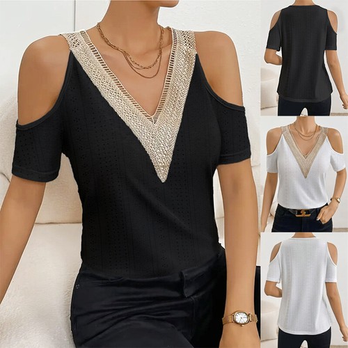 OFF WHITE T shirt donna estive top spalle fredde blusa casual pizzo scollo a V TAGLIA 6 18