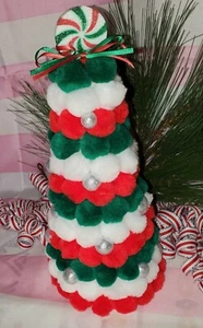Handmade 10" Red Green Silver pom pom Retro Tabletop Christmas Tree Decor - Picture 1 of 3