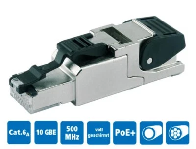 Netzwerk-Stecker RJ45 Cat6A 10Gbit Werkzeuglose Montage geschirmt m. Knickschutz - Bild 1 von 4