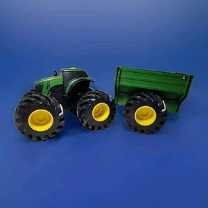 2022 Tomy John Deere 8" Monster Treads Tractor Lights & Sounds +Wagon Toy EUC  - Picture 1 of 9