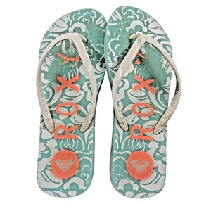Roxy Starfish V Flip-Flops Women’s Size 6–7 Teal Floral Orange Logo Sandals - Picture 1 of 7