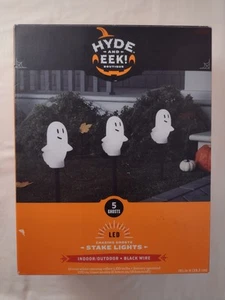 Halloween Outdoor Ghost Stake Lights NEW Hyde And Eek 5 Ghosts On Black Wire - Picture 1 of 4