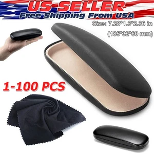NEW Clam Shell Hard Eyeglasses PU Glasses Case Black w/Microfiber Cleaning Cloth - Picture 1 of 13