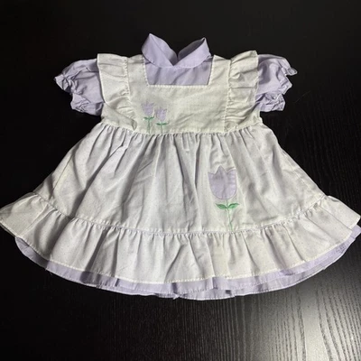 Vintage 80s Toddler Girl 3T Pinafore Style Apron Dress White Purple Tulip 1980s - Image 1 of 4