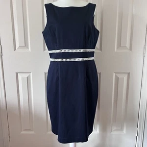 9 & Co ~ Navy Blue Sheath Dress White Lace Party Formal Holiday Size 12 - Picture 1 of 14