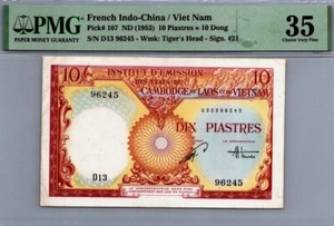 French Indo-China 10 Piastres 1953 P-107 PMG 35 CVF “Tiger’s Head” + Gift F30 - Picture 1 of 3