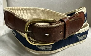 VTG Pintail Embroidered Whale Adjustable Canvas Leather Belt Brass Buckle Sz L - Picture 1 of 17