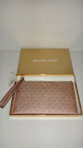 MICHAEL KORS Jet Set Charm Rose Gold MK Signature LG CLUTCH Wristlet Wallet +BOX
