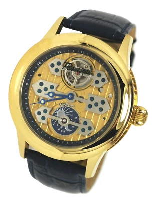 NUEVO RELOJ ROUSSEAU GESTALT AUTOMÁTICO TRIPLE PUENTE CORAZÓN ABIERTO DORADO AZUL CUERO Foto 1 de 4